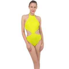 Lemon Glacier Yellow	 - 	halter Side Cut Swimsuit by ColorfulSwimWear