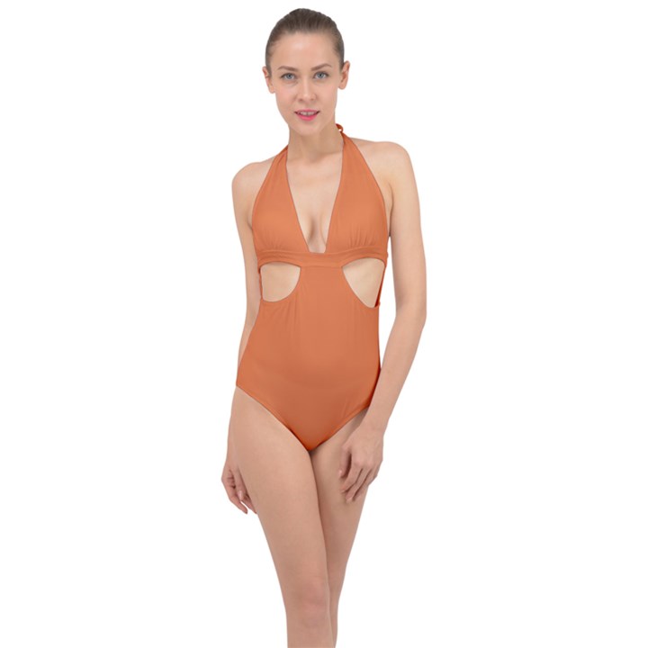 Coral Rose Orange	 - 	Halter Front Plunge Swimsuit