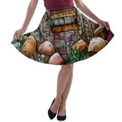 Bewitch Stipe Black Art Incantation Enchant Champignon Shiitake Witchcraft Black Magic Witch A-line Skater Skirt by GardenOfOphir