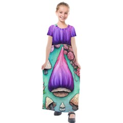 Veil Presto Psilocybin Superstition Agaric Trick Button Mushroom Sciopticon Diablerie Voodoo Fairy Kids  Short Sleeve Maxi Dress by GardenOfOphir