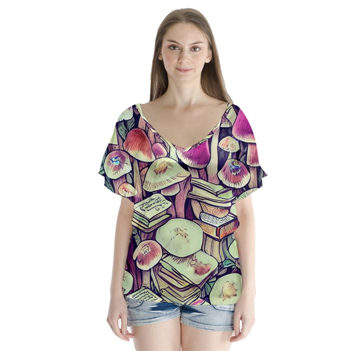 Sorcery Mushroom V-Neck Flutter Sleeve Top