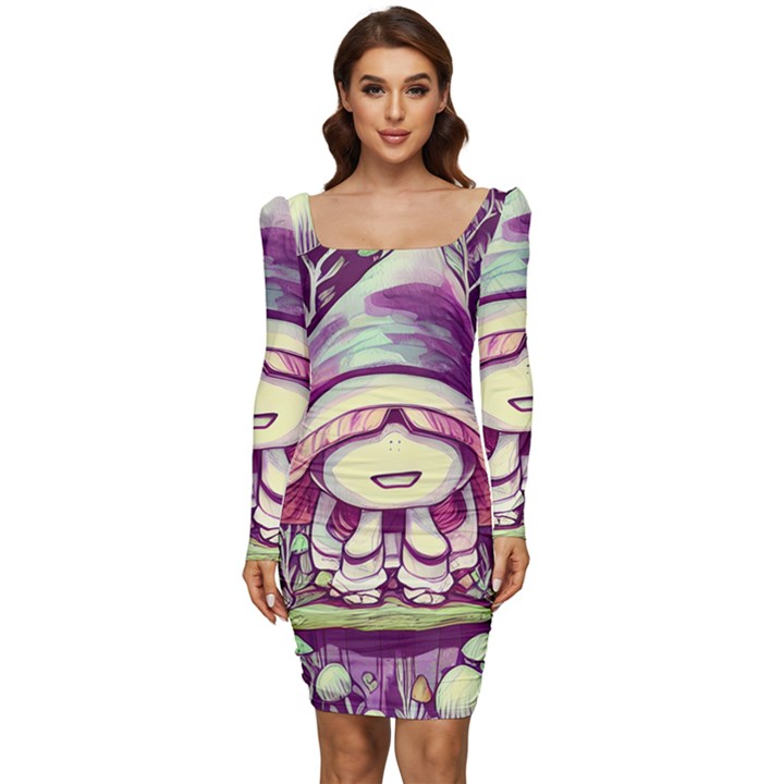 Toadstool Charm For Necromancy And Conjuration Women Long Sleeve Ruched Stretch Jersey Dress