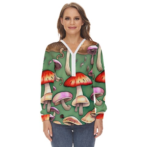 Glamour Mushroom For Enchantment And Bewitchment Zip Up Long Sleeve Blouse by GardenOfOphir