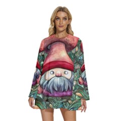 Black Art Mushroom For Incantation And Witchcraft Round Neck Long Sleeve Bohemian Style Chiffon Mini Dress