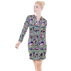 Presto Mushroom For Prestidigitation And Legerdemain Button Long Sleeve Dress by GardenOfOphir