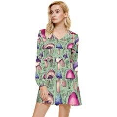 Presto Mushroom For Prestidigitation And Legerdemain Tiered Long Sleeve Mini Dress by GardenOfOphir