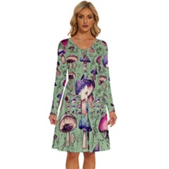 Presto Mushroom For Prestidigitation And Legerdemain Long Sleeve Dress With Pocket by GardenOfOphir