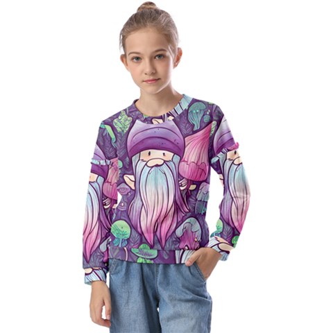 Foraging Mushroom Kids  Long Sleeve Tee With Frill  by GardenOfOphir