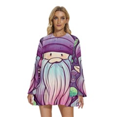 Foraging Mushroom Round Neck Long Sleeve Bohemian Style Chiffon Mini Dress