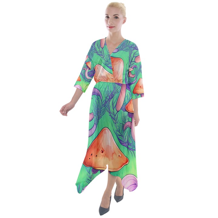 Natural Mushroom Illustration Design Quarter Sleeve Wrap Front Maxi Dress