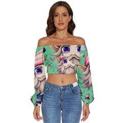 Orest Fairycore Vintagemushroom Long Sleeve Crinkled Weave Crop Top