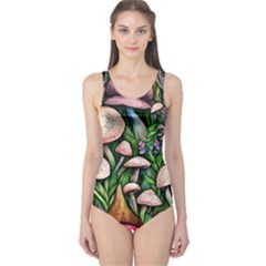 Flowery Garden Nature Woodsy Mushroom One Piece Swimsuit by GardenOfOphir