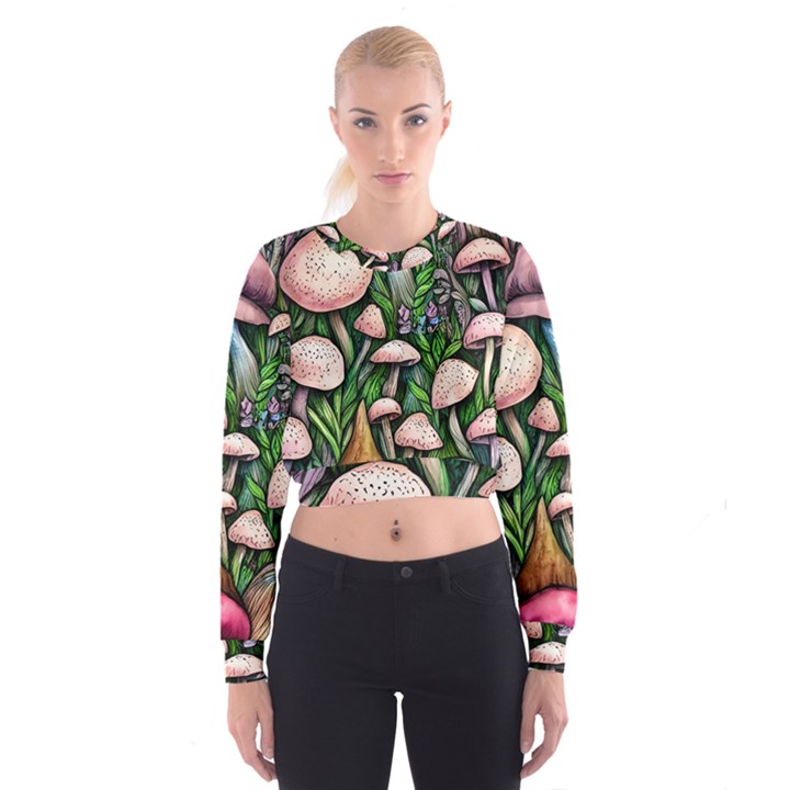 Flowery Garden Nature Woodsy Mushroom Cropped Sweatshirt