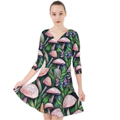 Flowery Garden Nature Woodsy Mushroom Quarter Sleeve Front Wrap Dress by GardenOfOphir