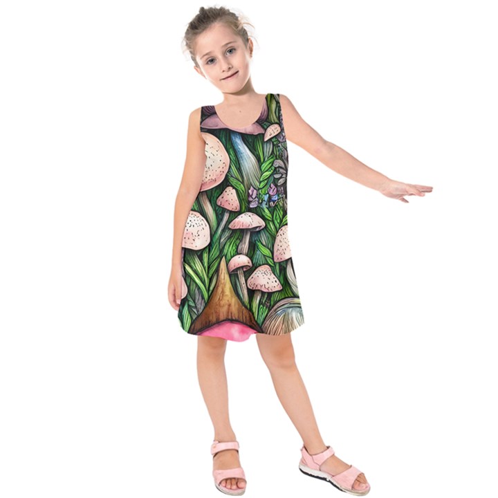 Flowery Garden Nature Woodsy Mushroom Kids  Sleeveless Dress