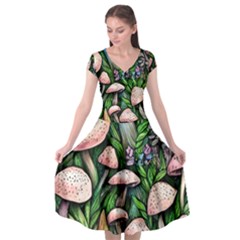 Flowery Garden Nature Woodsy Mushroom Cap Sleeve Wrap Front Dress