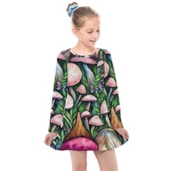 Flowery Garden Nature Woodsy Mushroom Kids  Long Sleeve Dress by GardenOfOphir