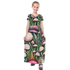 Flowery Garden Nature Woodsy Mushroom Kids  Short Sleeve Maxi Dress by GardenOfOphir