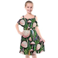 Flowery Garden Nature Woodsy Mushroom Kids  Cut Out Shoulders Chiffon Dress by GardenOfOphir