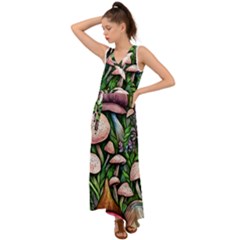 Flowery Garden Nature Woodsy Mushroom V-neck Chiffon Maxi Dress by GardenOfOphir