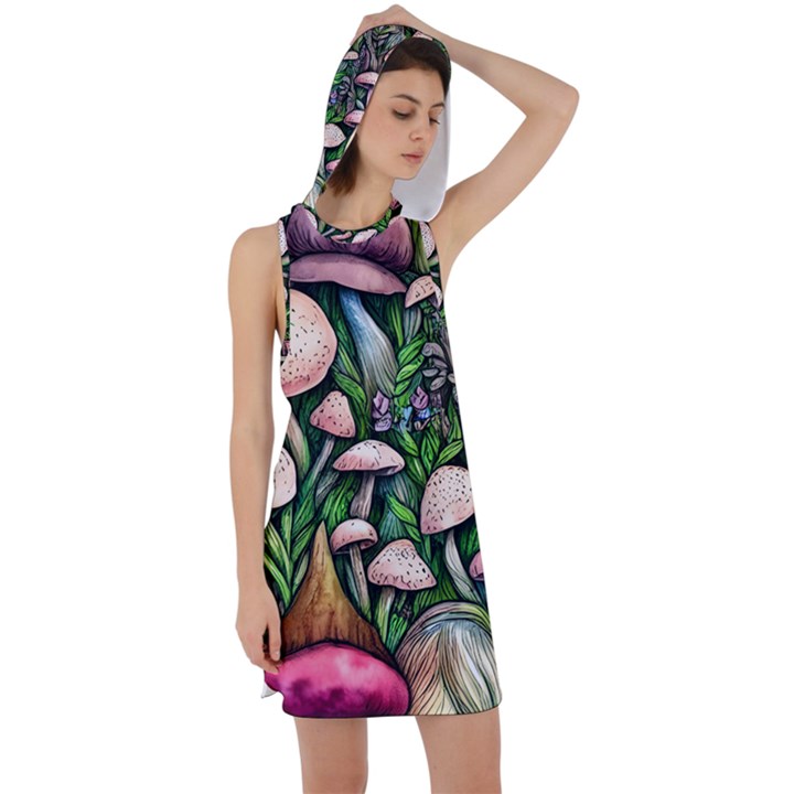 Flowery Garden Nature Woodsy Mushroom Racer Back Hoodie Dress