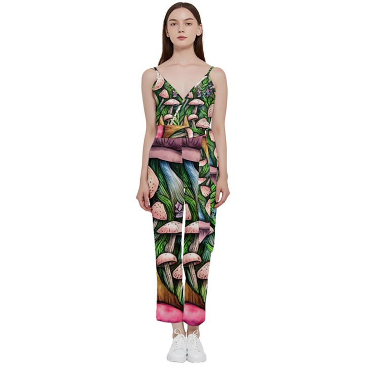 Flowery Garden Nature Woodsy Mushroom V-Neck Spaghetti Strap Tie Front Jumpsuit