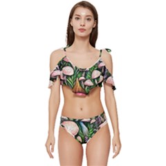 Flowery Garden Nature Woodsy Mushroom Ruffle Edge Tie Up Bikini Set	