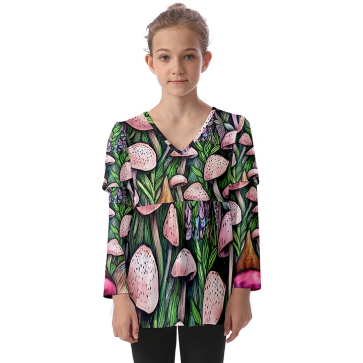 Flowery Garden Nature Woodsy Mushroom Kids  V Neck Casual Top