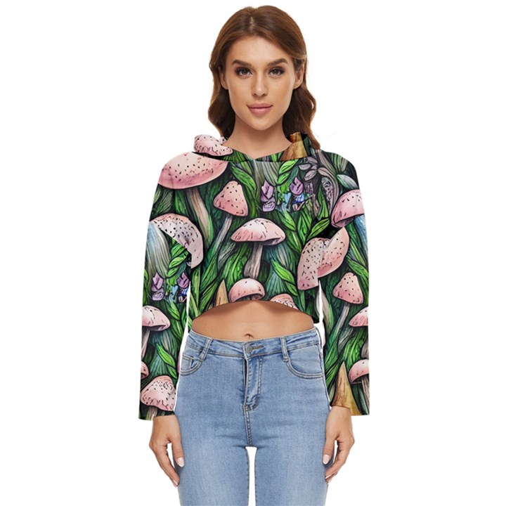 Flowery Garden Nature Woodsy Mushroom Women s Lightweight Cropped Hoodie