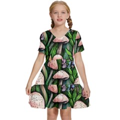 Flowery Garden Nature Woodsy Mushroom Kids  Short Sleeve Tiered Mini Dress by GardenOfOphir