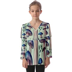 Mushroom Foresty Forestcore Kids  V Neck Casual Top