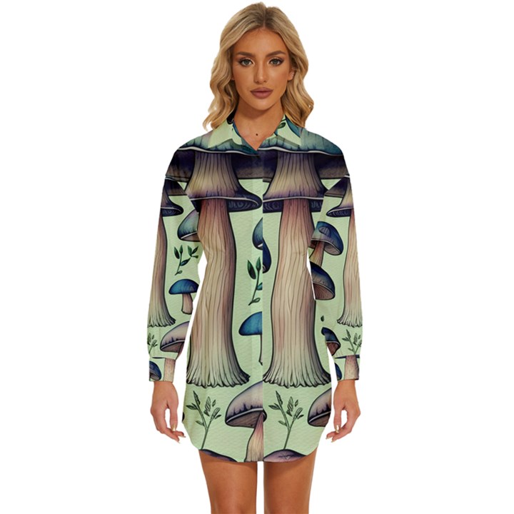 Mushroom Foresty Forestcore Womens Long Sleeve Shirt Dress