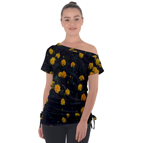 Bloomed Yellow Petaled Flower Plants Off Shoulder Tie-up Tee by artworkshop