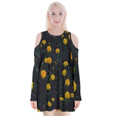 Bloomed Yellow Petaled Flower Plants Velvet Long Sleeve Shoulder Cutout Dress by artworkshop