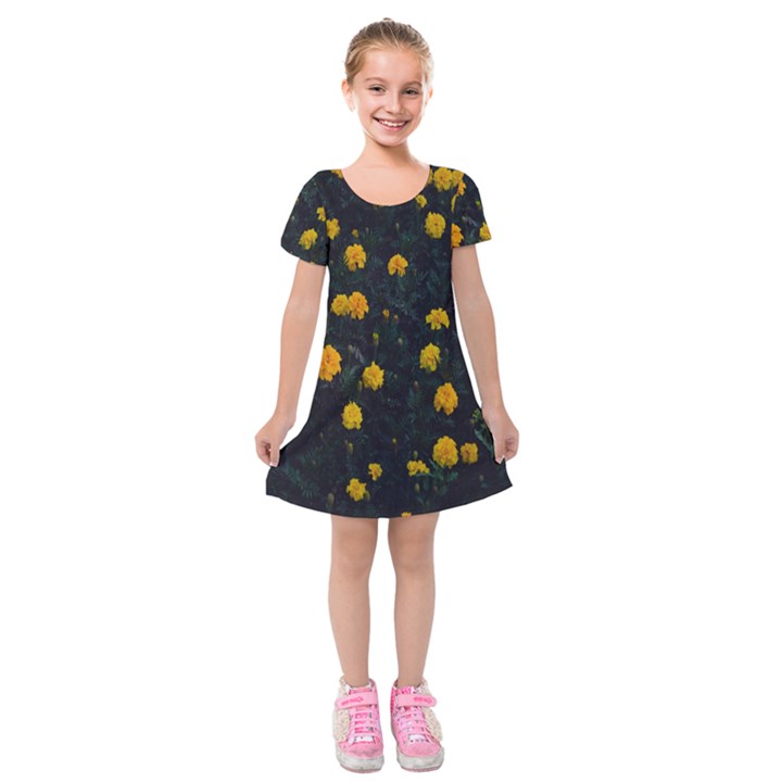 Bloomed Yellow Petaled Flower Plants Kids  Short Sleeve Velvet Dress