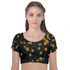 Bloomed Yellow Petaled Flower Plants Velvet Short Sleeve Crop Top  by artworkshop