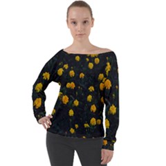 Bloomed Yellow Petaled Flower Plants Off Shoulder Long Sleeve Velour Top by artworkshop