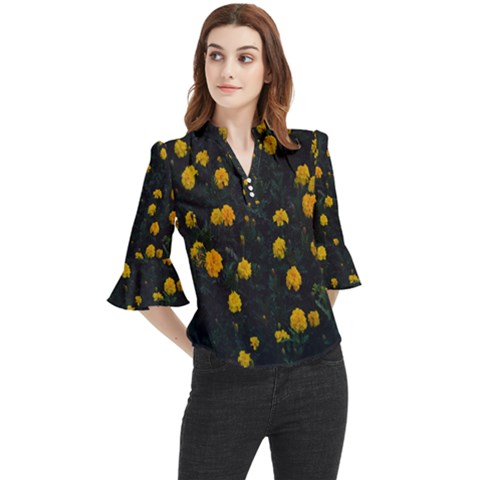 Bloomed Yellow Petaled Flower Plants Loose Horn Sleeve Chiffon Blouse by artworkshop