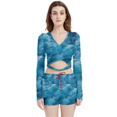 Blue Water Speech Therapy Velvet Wrap Crop Top And Shorts Set by artworkshop