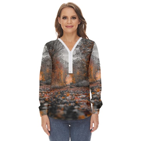 Breathe In Nature Background Zip Up Long Sleeve Blouse by artworkshop