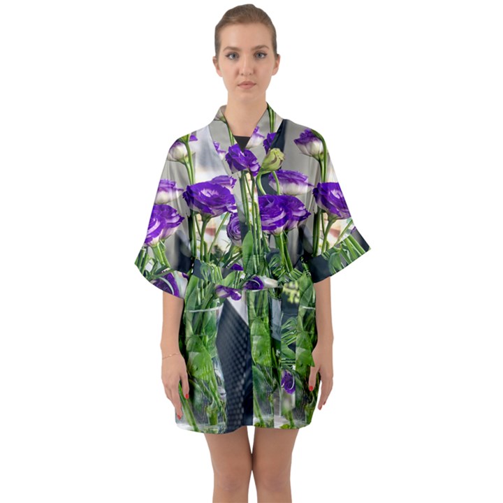 Cute Flower Wallpaper Half Sleeve Satin Kimono 