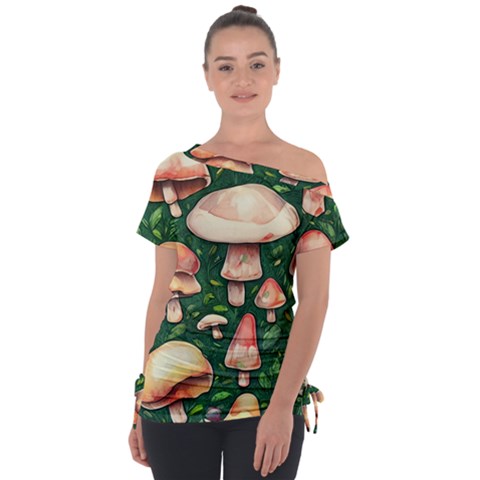 Fantasy Farmcore Farm Mushroom Off Shoulder Tie-up Tee by GardenOfOphir