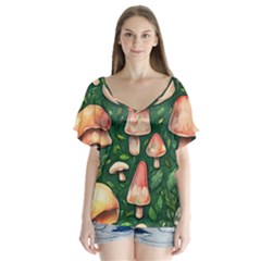 Fantasy Farmcore Farm Mushroom V-neck Flutter Sleeve Top by GardenOfOphir