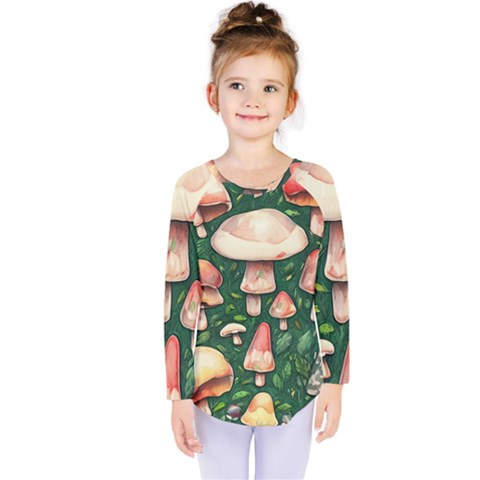 Fantasy Farmcore Farm Mushroom Kids  Long Sleeve Tee by GardenOfOphir