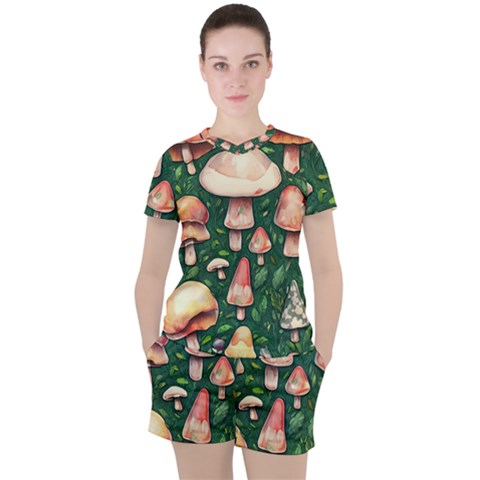 Fantasy Farmcore Farm Mushroom Women s Tee And Shorts Set by GardenOfOphir