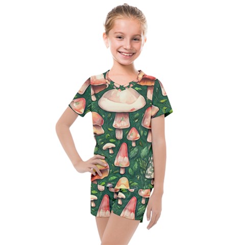 Fantasy Farmcore Farm Mushroom Kids  Mesh Tee And Shorts Set by GardenOfOphir