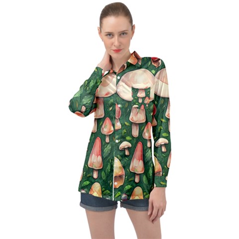 Fantasy Farmcore Farm Mushroom Long Sleeve Satin Shirt by GardenOfOphir