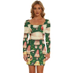 Fantasy Farmcore Farm Mushroom Long Sleeve Square Neck Bodycon Velvet Dress