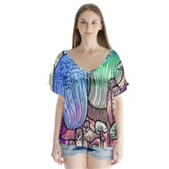 Forest Mushroom V-neck Flutter Sleeve Top by GardenOfOphir