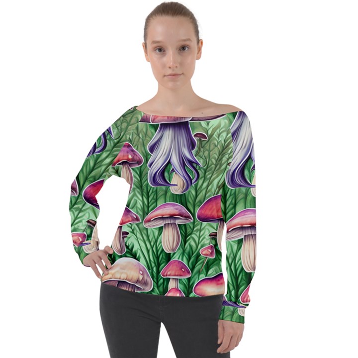 Natural Mushrooms Off Shoulder Long Sleeve Velour Top